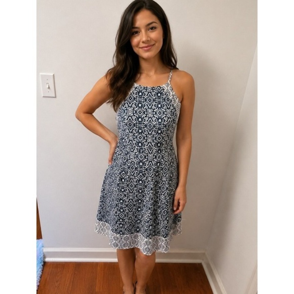 Rewind Women's XXL Fit and Flare Dress Navy Blue White Geometric Sleeveless